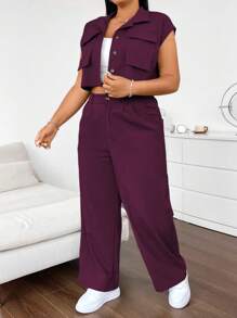 Flirla 2pcs/Set Sleeveless Loose Multi-Pocket Shirt & Casual Cargo Pants Set - Purple - View 4