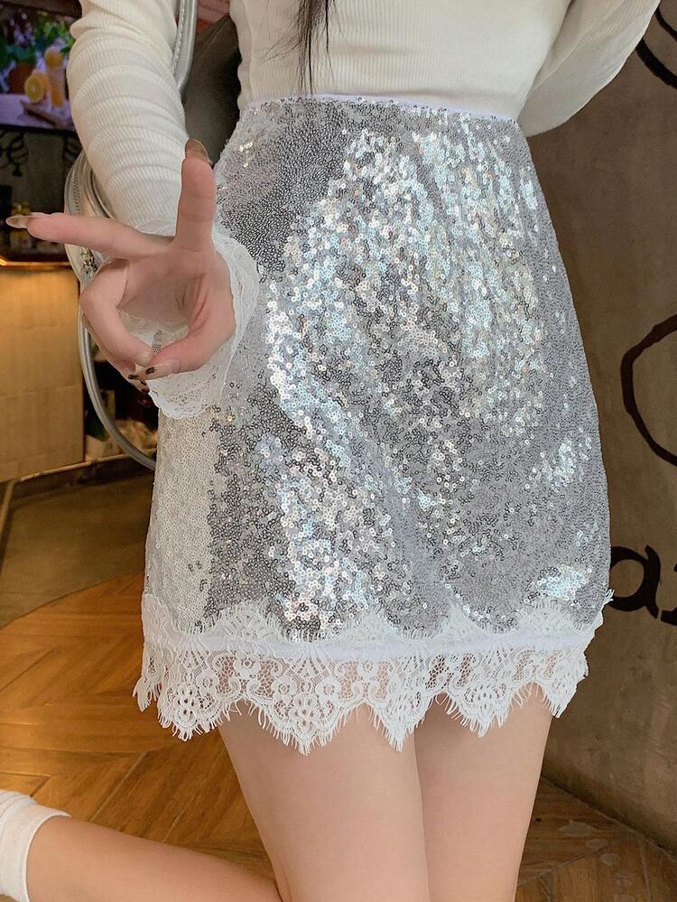 Shiny Casual Lace Patchwork A-Line Skirt For Women Prom Skirt Fall Skirts