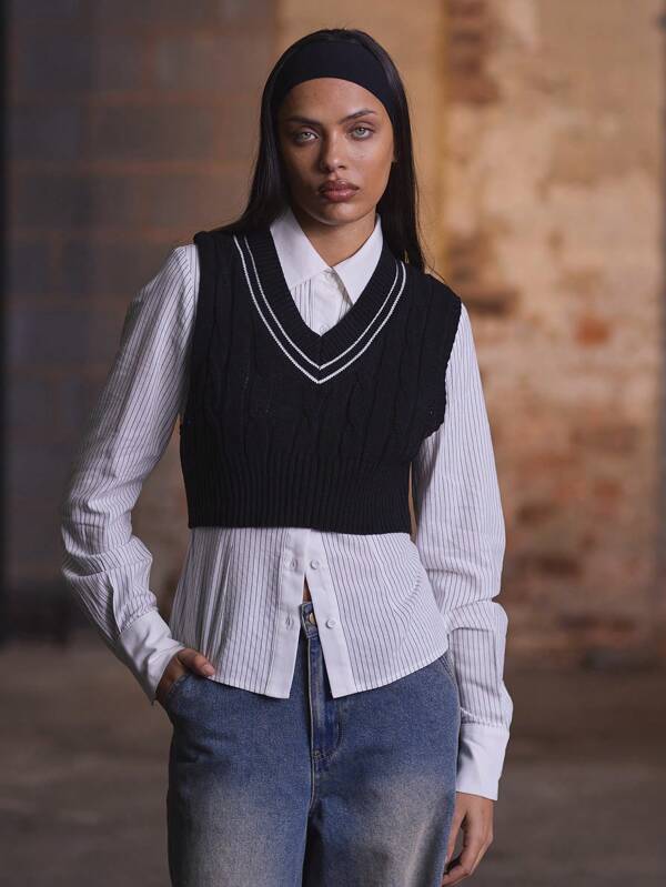 MUSERA V Neck Cable Knit Sweater Vest