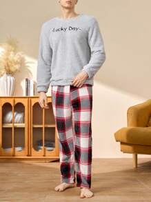 Conjunto de ropa casual para hombre en casa, camisa gris y pantalón a cuadros