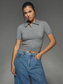 MISSGUIDED Cropped Knitted Polo Sweater Short Sleeve Ribbed Collared Top Classic Casual Y2K Summer Spring Fashion - Dark Grey - View 1