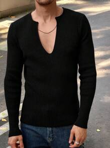 Manfinity VCAY 男士修身 V 领长袖针织套头衫，适合秋冬季 - 黑色 - 查看 4