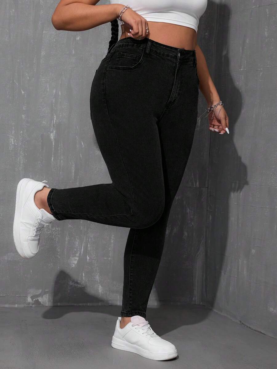 SHEIN ICON 大码休闲百搭纯色紧身牛仔裤 - 黑色 - 查看 1