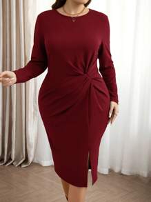 SHEIN LUNE 长袖连衣裙大码橄榄绿休闲纯色长袖开衩扭纹中长连衣裙，秋冬大码秋季服装