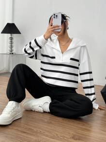 INAWLY 2pcs/Set Women Loose Casual Striped Plush Sweatshirt And Straight Leg Pants Suit - Black - View 7