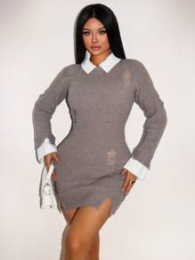 Zolique 女士圆领仿旧透明长袖毛衣连衣裙新年性感俱乐部节日派对服装女款 - 灰色 - 查看 1