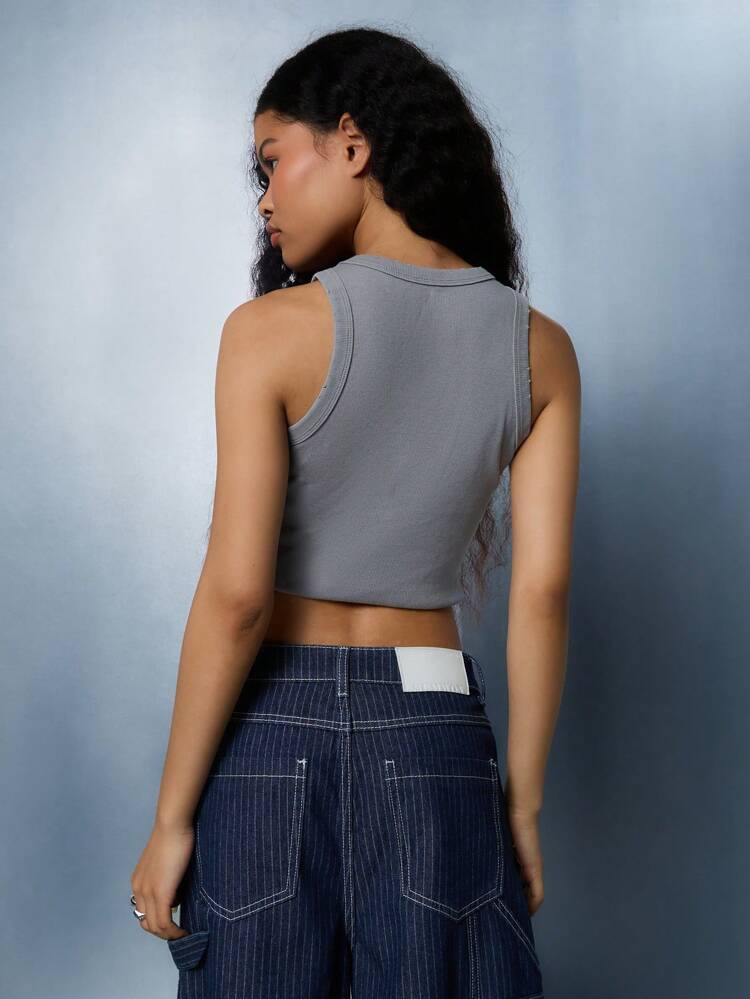 SUMWON WOMEN Ribbed Crop Tank Top With Applique Embroidery