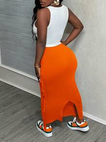 Slaydiva 夏季休闲度假U领镂空椰子树英文标语前开叉白色背心流苏墨绿色裙子女两件套-H - 橘色 - 查看 2