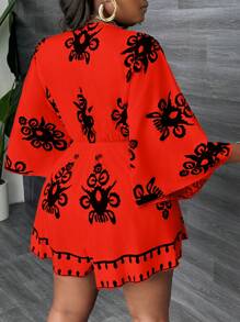 Slaydiva Bộ đồ liền thân in họa tiết rộng rãi cổ chữ V thắt eo thoải mái cho ngày lễ cỡ lớn dành cho nữ - Đỏ - Xem 2