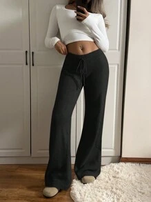 SHEIN EZwear Drawstring Loose Knit Pants, Solid Color Simple Casual Everyday Wear - Black - View 6