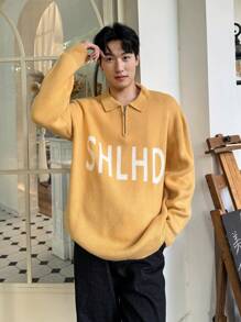 Manfinity CasualKnits Men's Letter Graphic Drop Shoulder Zip-Up Casual Sweater For Autumn/Winter - Multicolor - View 2