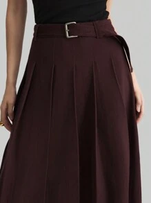 Ontre 女士 100% 羊毛中长 A 字裙，带腰带的红色褶皱中长裙，适合新年 - 酒紅色 - 查看 6