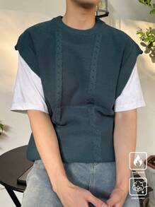 Manfinity CasualKnits 男式纯色圆领无袖休闲背心 - 綠色 - 查看 5