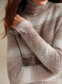 Anewsta 高领羽毛和水钻装饰闪亮蓬松金属纤维鱼尾长款紧身连衣裙，圣诞节/新年女装 - 彩色 - 查看 4