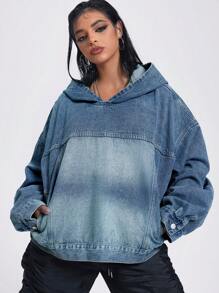 SHEIN ICON 女士连帽套头牛仔运动衫，Y2K，街头服饰，运动，休闲 - 中等水洗藍 - 查看 5