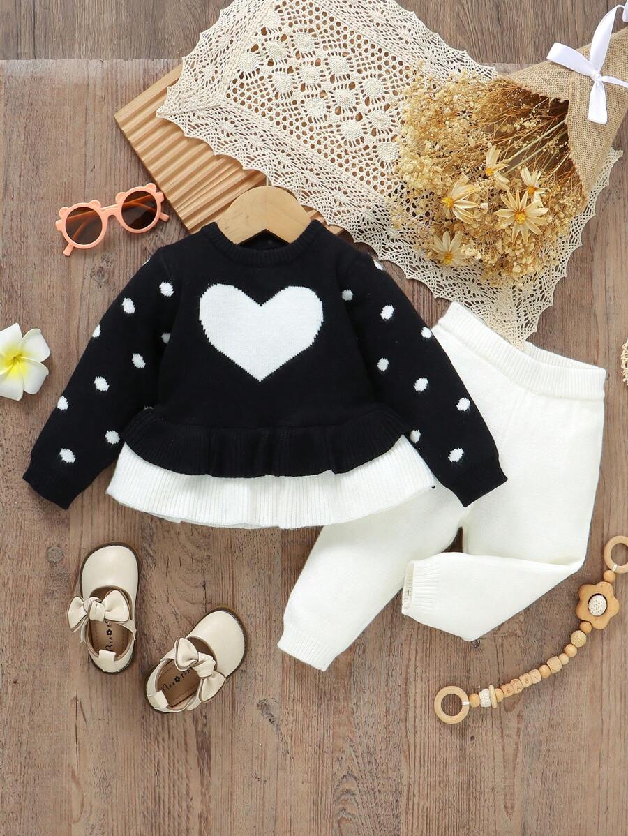 Conjunto de suéter informal con estampado de corazones lindo para bebé niña - Blanco y Negro - Ver 1