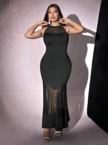 Viva Relle Vestido maxi de talla grande para mujer de unicolor elegante con cuello de malla y apliques, outfit para el Día de San Valentín