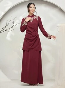 Graceveil Completo modesto con blusa a maniche lunghe con colletto alla coreana e pantaloni, con stampa floreale, in stile cheongsam antico