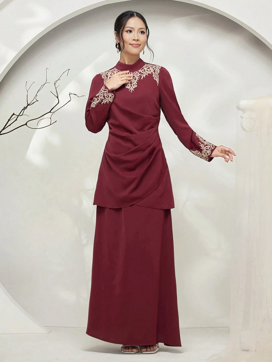 Graceveil Completo modesto con blusa a maniche lunghe con colletto alla coreana e pantaloni, con stampa floreale, in stile cheongsam antico