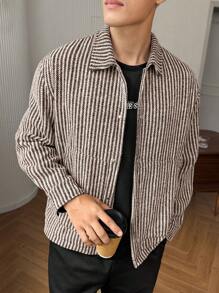 Manfinity Hypemode Men's Front Button Long Sleeve Striped Casual Jacket, For Everyday Wear - Brown - View 1