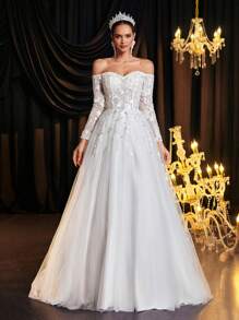 Glamrae 优雅奢华露肩透明长袖刺绣蕾丝贴花网眼荷叶边连衣裙，带拖尾，适合婚礼、派对、度假、舞会、宴会（刺绣） - 米色 - 查看 3