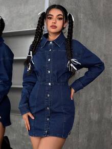 SHEIN EZwear Women's Casual Denim Drop Shoulder Long Sleeve Single Breasted Dress, Autumn - Dark Wash - View 6