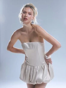 MUSERA Satin Bandeau Puffball Mini Dress Sexy Elegant Spring Summer Going Out Winter - Pink - View 1