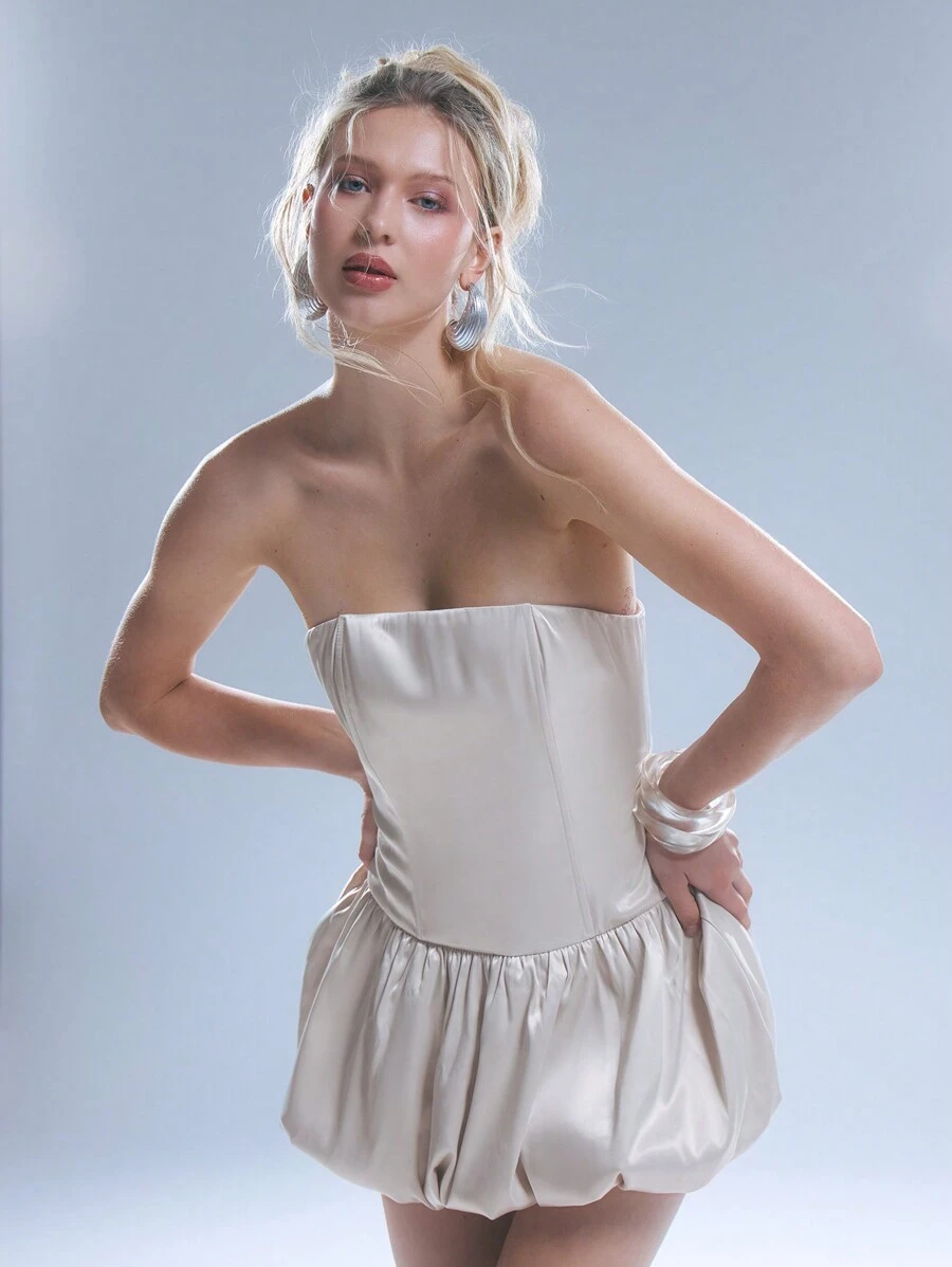 MUSERA Satin Bandeau Puffball Mini Dress Sexy Elegant Spring Summer Going Out Winter - Pink - View 1