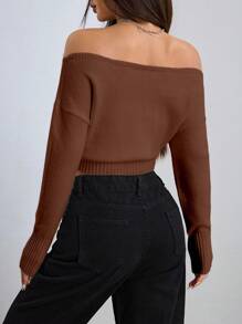 SHEIN Unity 女士休闲露肩长袖针织毛衣 - 咖啡棕 - 查看 2