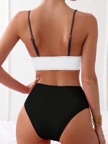 SHEIN Swim Women Sexy Cross Beach Bikini Set With Color Block Design,Summer Beach - Black and White - View 2