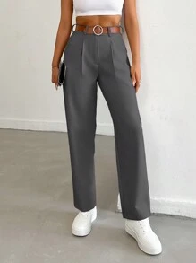 EURMUSE Women Solid Color Pleated Straight Loose Daily Casual Commuting Long Pants - Dark Grey - View 3