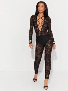 Hauture Lace Deep Plunging Neck Sheer Sexy Jumpsuit