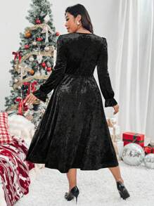 Celure Vestido midi elegante de terciopelo burdeos para fiesta/ocasión/casual, con cuello en V, parches de encaje, mangas farol, mangas largas y cierre con botones en línea A con abertura