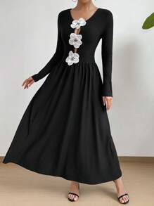 Calvaya Vestido largo de mujer de manga larga con bloque de color, decoración floral hueca en la parte delantera y central, estilo línea A, atuendo de mujer para otoño/invierno