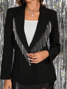 SHEIN Clasi 女士派对西装外套钻石流苏闪亮修身长袖纯黑色，秋冬冬季服装女士音乐会女士圣诞派对女士派对闪亮套装 - 黑色 - 查看 7