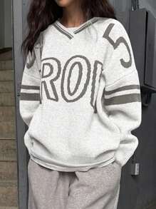 DAZY Women's Loose Fit Long Sleeve V-Neck Letter Jacquard Sweater Boho,Fall Women Clothes