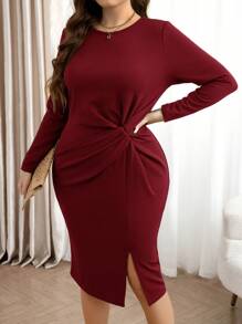 SHEIN LUNE 长袖连衣裙大码橄榄绿休闲纯色长袖开衩扭纹中长连衣裙，秋冬大码秋季服装