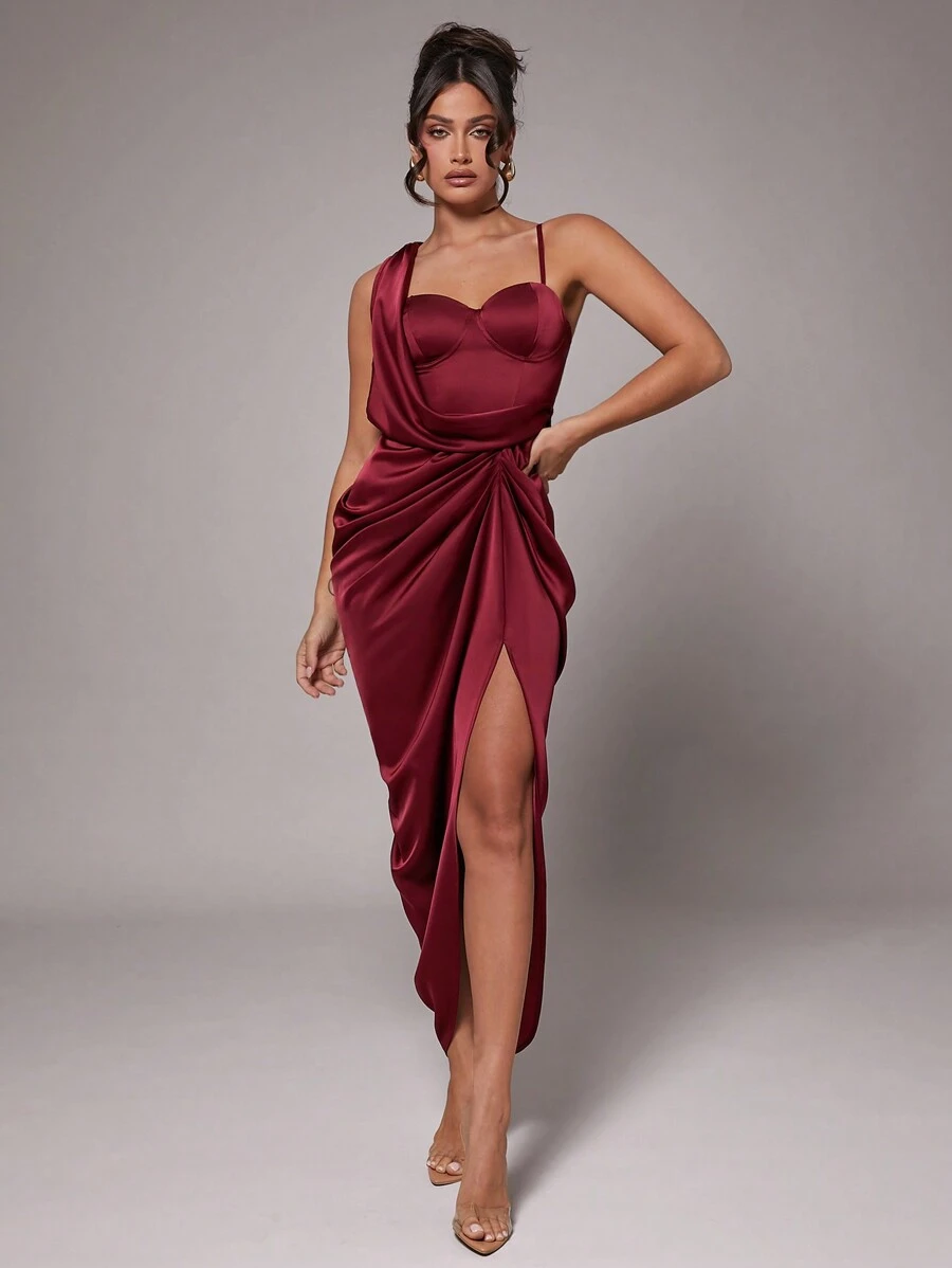 Silquee 女士简约日常约会旅行装优雅派对秋冬长袖纯色勃艮第优质缎面女士中长连衣裙不对称领口，胸罩罩杯上部，下摆垂褶连衣裙适合鸡尾酒会浪漫约会秋冬打底针织连衣裙派对聚会正式派对，婚礼，伴娘服，晚宴礼服，万圣节礼服，圣诞礼服 - 酒紅色 - 查看 1
