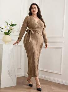 Modelyn 大码女式纯色裹身结长袖修身毛衣裙，秋冬款 - 卡其色 - 查看 3