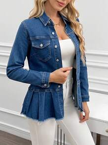 SHEIN LUNE جاكيت جينز كاجوال للنساء، أزرار وحيدة الصدر ، ذات أكمام طويلة وهدب مطوي مناسبة للموسم الخريفي - الأزرق - مشاهدة 5