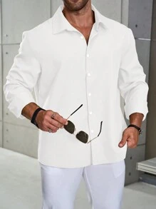 Manfinity Homme Plus Size Men's Casual Solid Color Long Sleeve Single-Breasted Shirt, Autumn