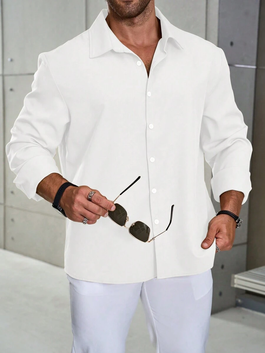 Manfinity Homme Plus Size Men's Casual Solid Color Long Sleeve Single-Breasted Shirt, Autumn