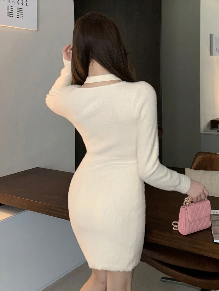 Women's Solid Color Front Button Long Sleeve Pocket Minimalist Short Dress,Fall Clothes Women Sweater Dresses