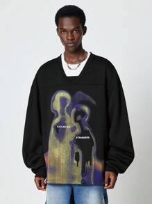 ROMWE MEN Street Life Men's Autumn Letter & Abstract Graphic Print Long Sleeve Pullover Sweatshirt, Street Wear