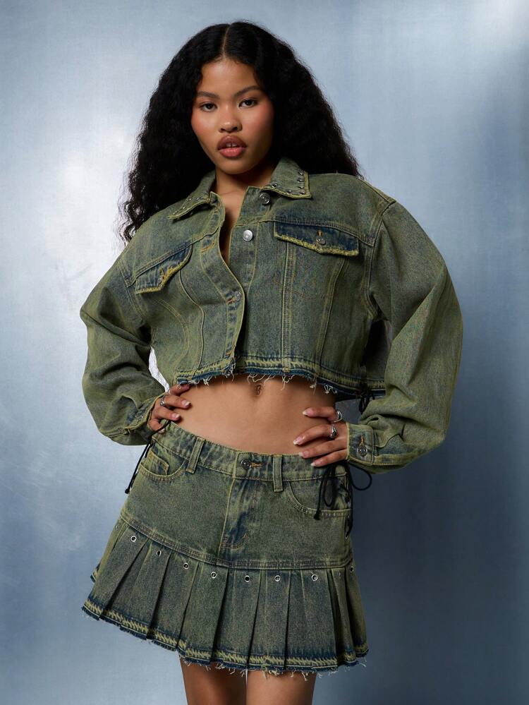 SUMWON WOMEN Pleated Denim Mini Skirt With Grommets And Lace Up