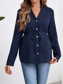 SHEIN Camisa de maternidad de manga larga, blusa con botones de color verde militar
