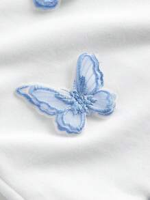 SHEIN Girlism Tween Girl 罗纹针织蓝色蝴蝶露肩喇叭袖 T 恤，法式时尚，适合圣诞节、新年、派对、春季