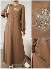 Mulvari Embroidered Beaded Ribbed Sleeve Round Neck Dress Sweatshirt For Women, Autumn/Winter - Mocha Brown - View 1