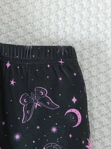 SHEIN Girls Pajamas Set - Tight-Fitting Long Sleeve Top And Long Pants Sleepwear With Luminous Star And Moon Print, For Toddlers - Black - View 7