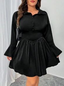 Celure Plus Size Elegant Solid Color Flared Sleeves Waist A-Line Dress